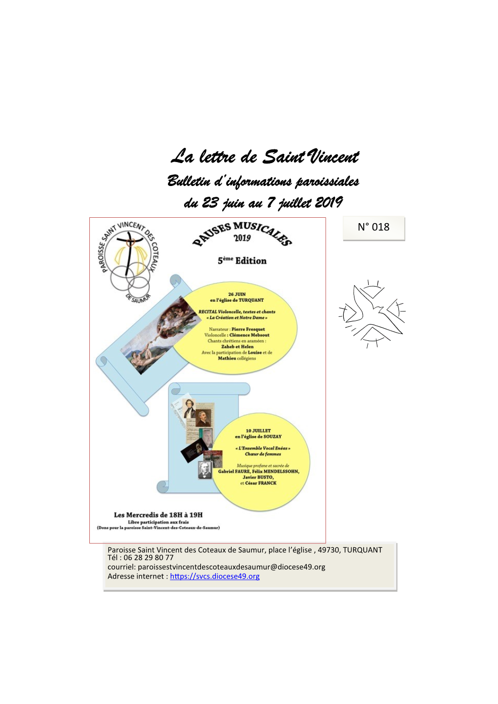 La Lettre De Saint Vincent Bulletin D’Informations Paroissiales Du 23 Juin Au 7 Juillet 2019 N° 018