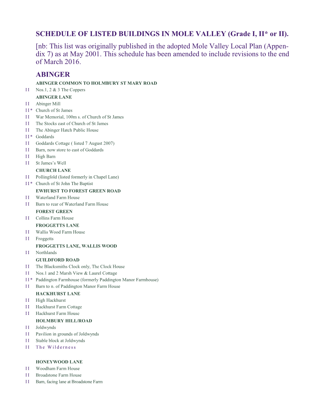 LISTED BUILDINGS in MOLE VALLEY (Grade I, II* Or II)