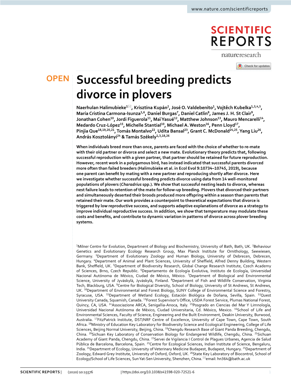 Successful Breeding Predicts Divorce in Plovers Naerhulan Halimubieke1*, Krisztina Kupán2, José O