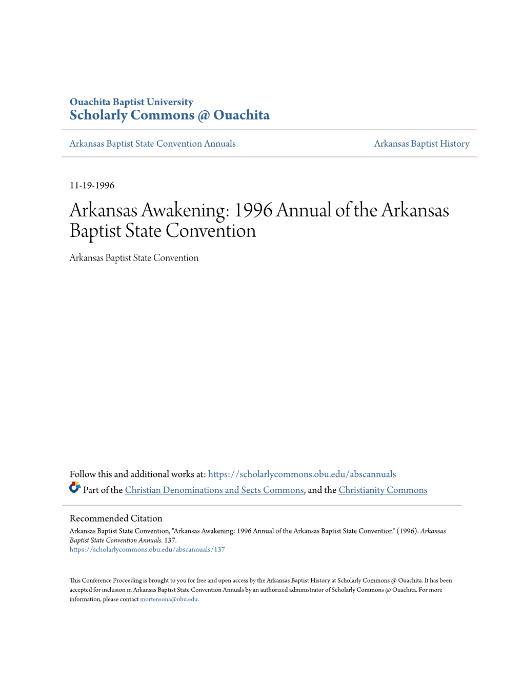 1996 Annual of the Arkansas Baptist State Convention Arkansas Baptist State Convention