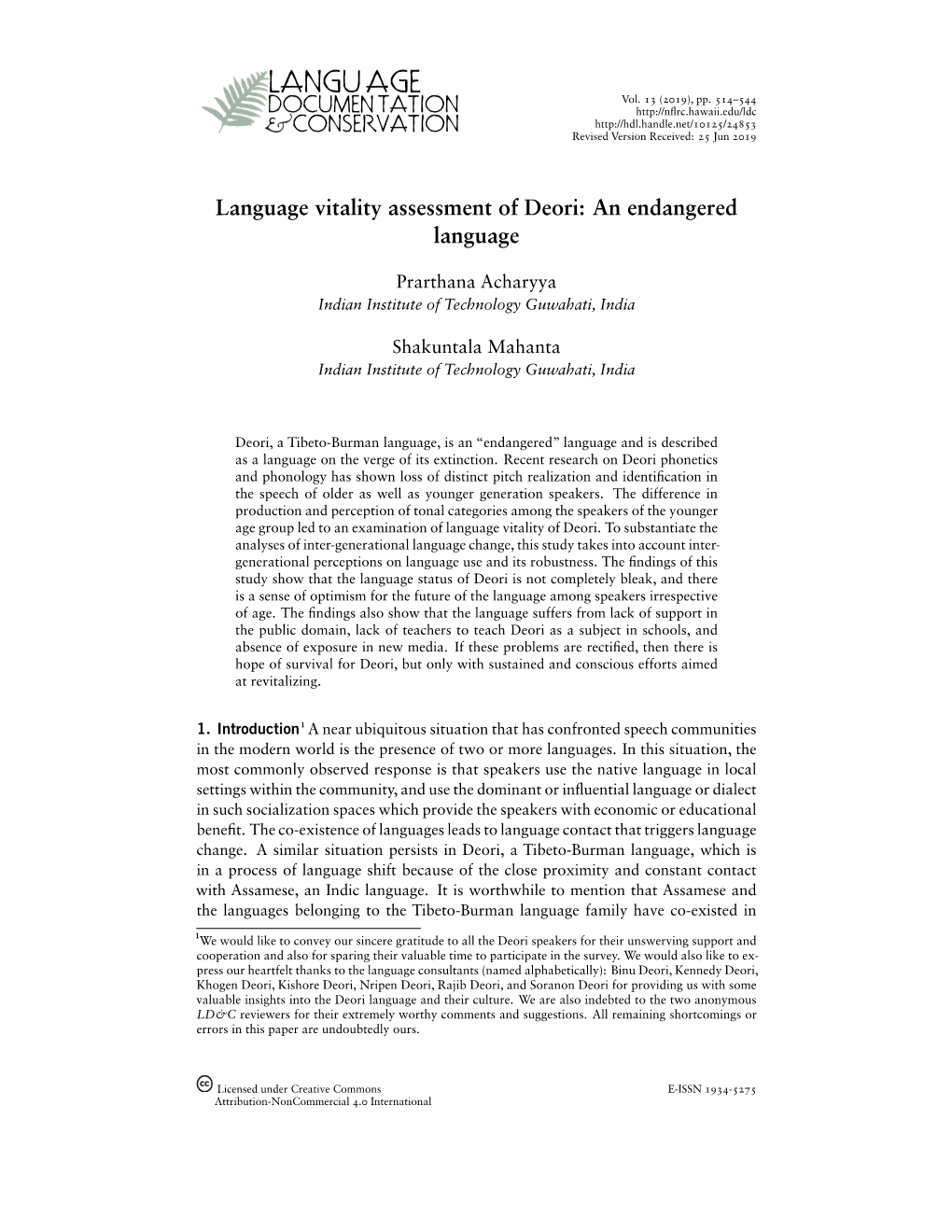 Language Vitality Assessment of Deori: an Endangered Language