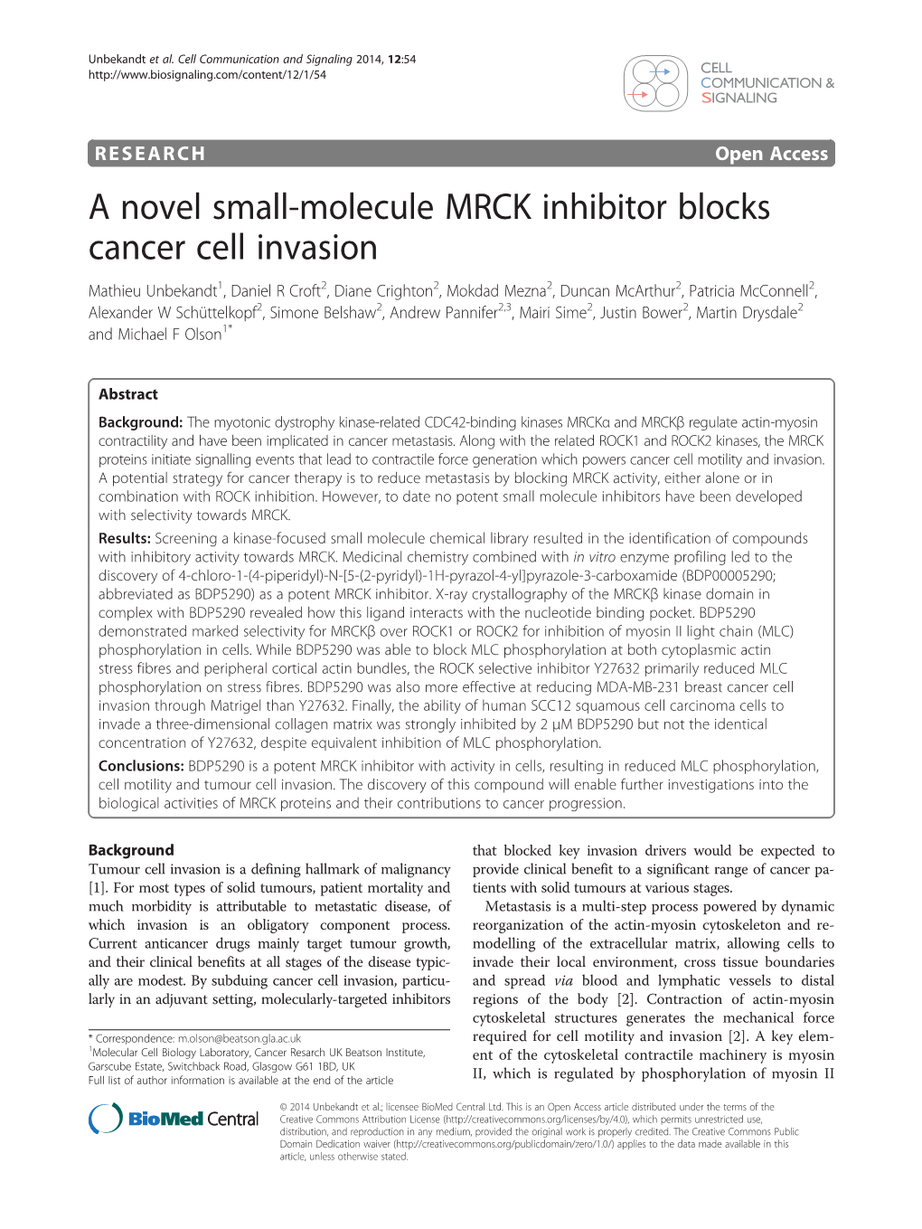 A Novel Small-Molecule MRCK Inhibitor Blocks Cancer Cell Invasion