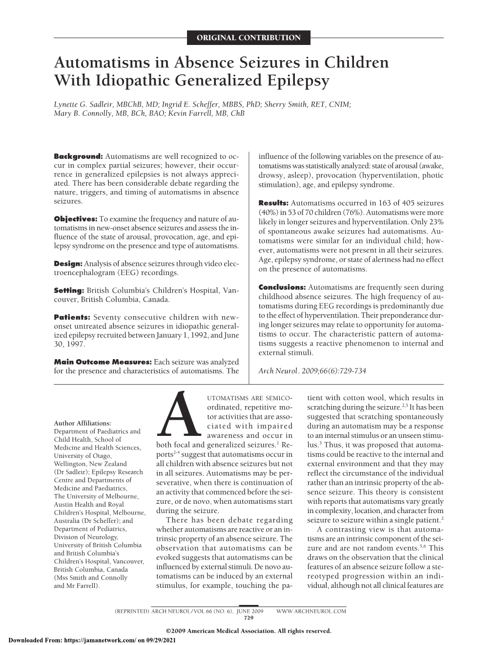 Automatisms in Absence Seizures in Children with Idiopathic Generalized Epilepsy