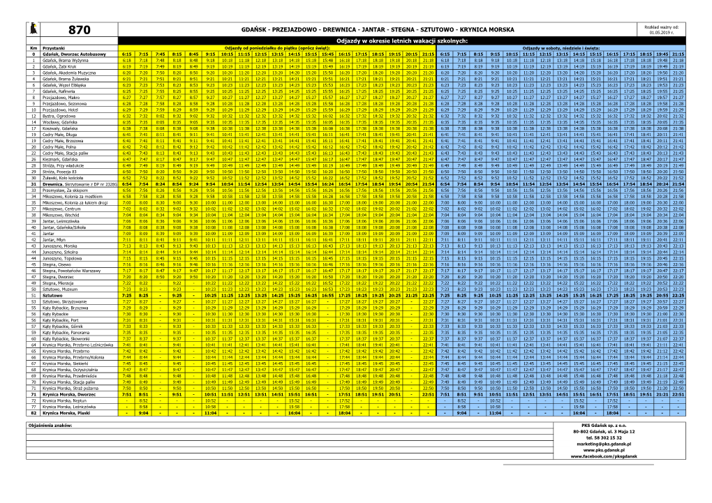 STEGNA - SZTUTOWO - KRYNICA MORSKA Rozkład Ważny Od: 870 01.05.2019 R