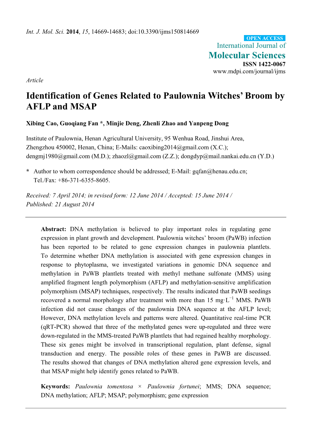 Identification of Genes Related to Paulownia Witches' Broom by AFLP