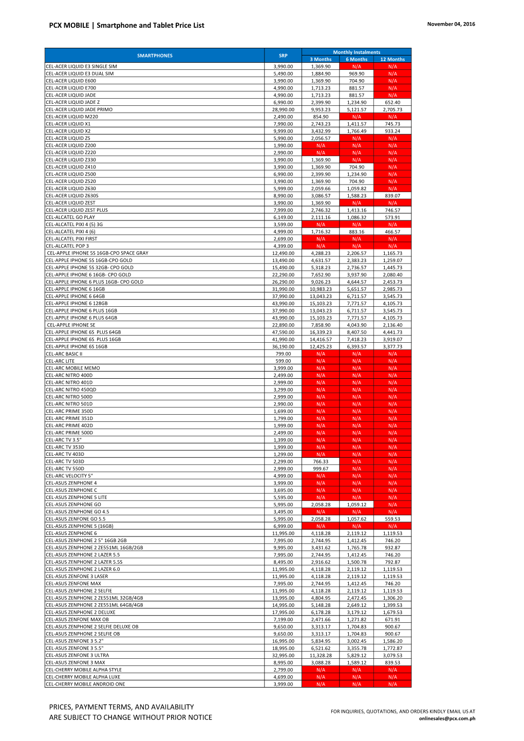 PCX MOBILE | Smartphone and Tablet Price List November 04, 2016
