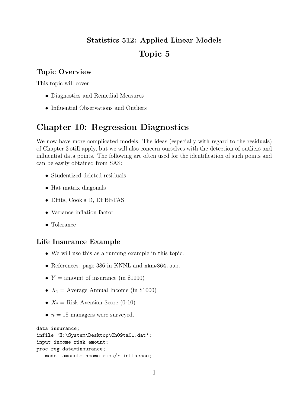 Topic 5 Chapter 10: Regression Diagnostics