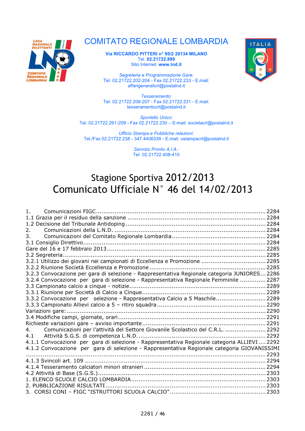 Comunicato Ufficiale N° 46 Del 14/02/2013