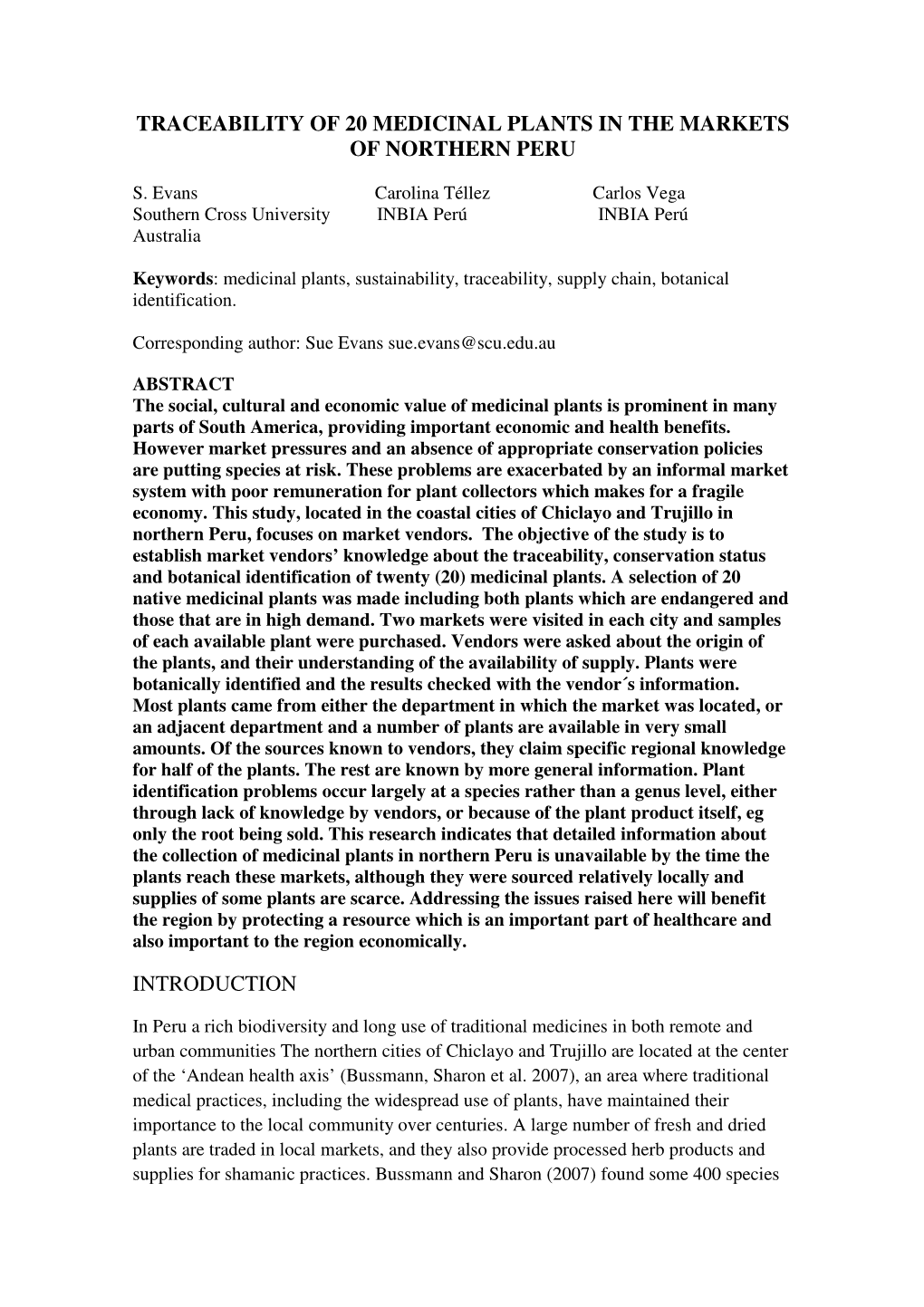 Traceability of 20 Medicinal Plants in the Markets of Northern Peru