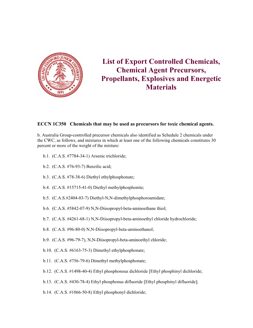 List of Export Controlled Chemicals, Chemical Agent Precursors, Propellants, Explosives and Energetic Materials