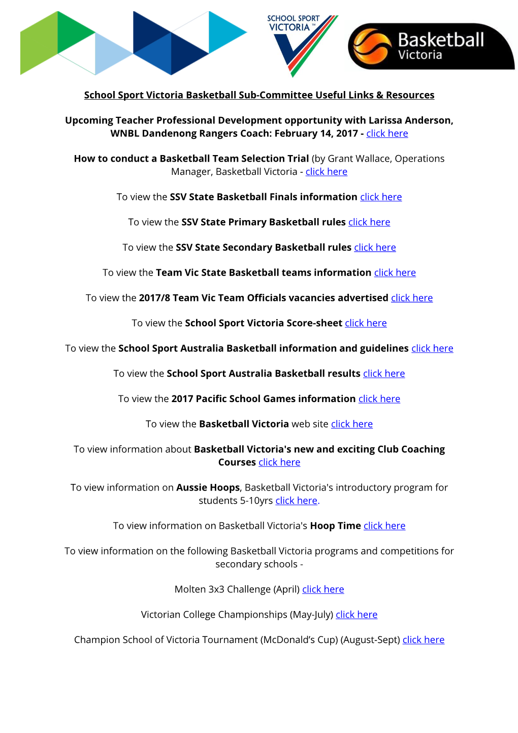 School Sport Victoria Basketball Sub-Committee Useful Links & Resources