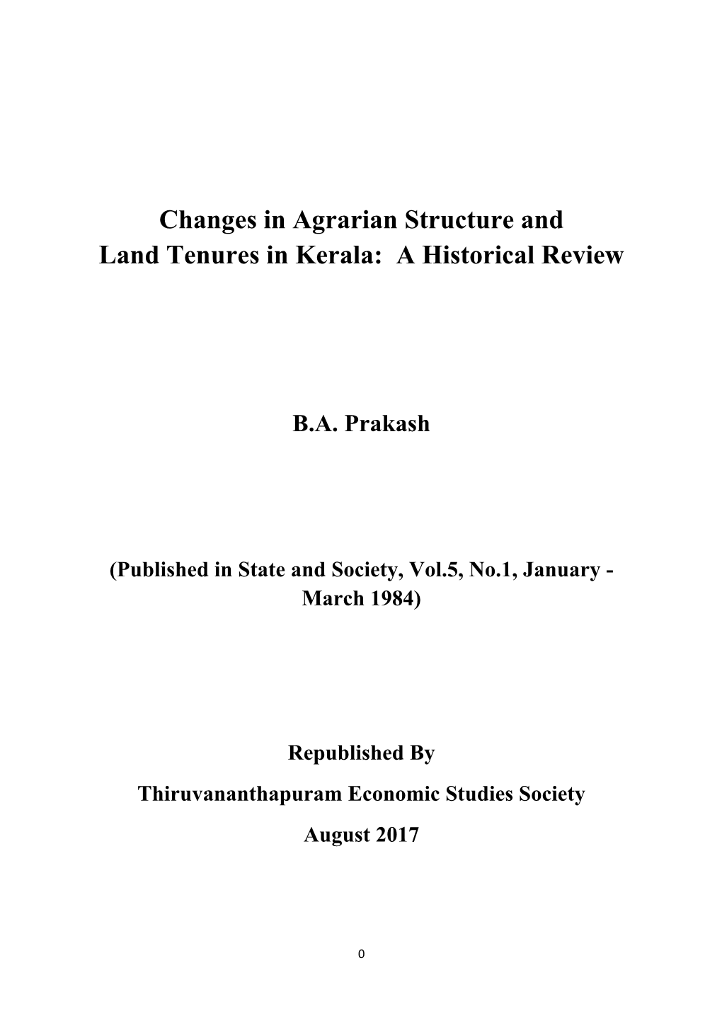 Agrarian Structure and Land Tenures in Kerala: a Historical Review