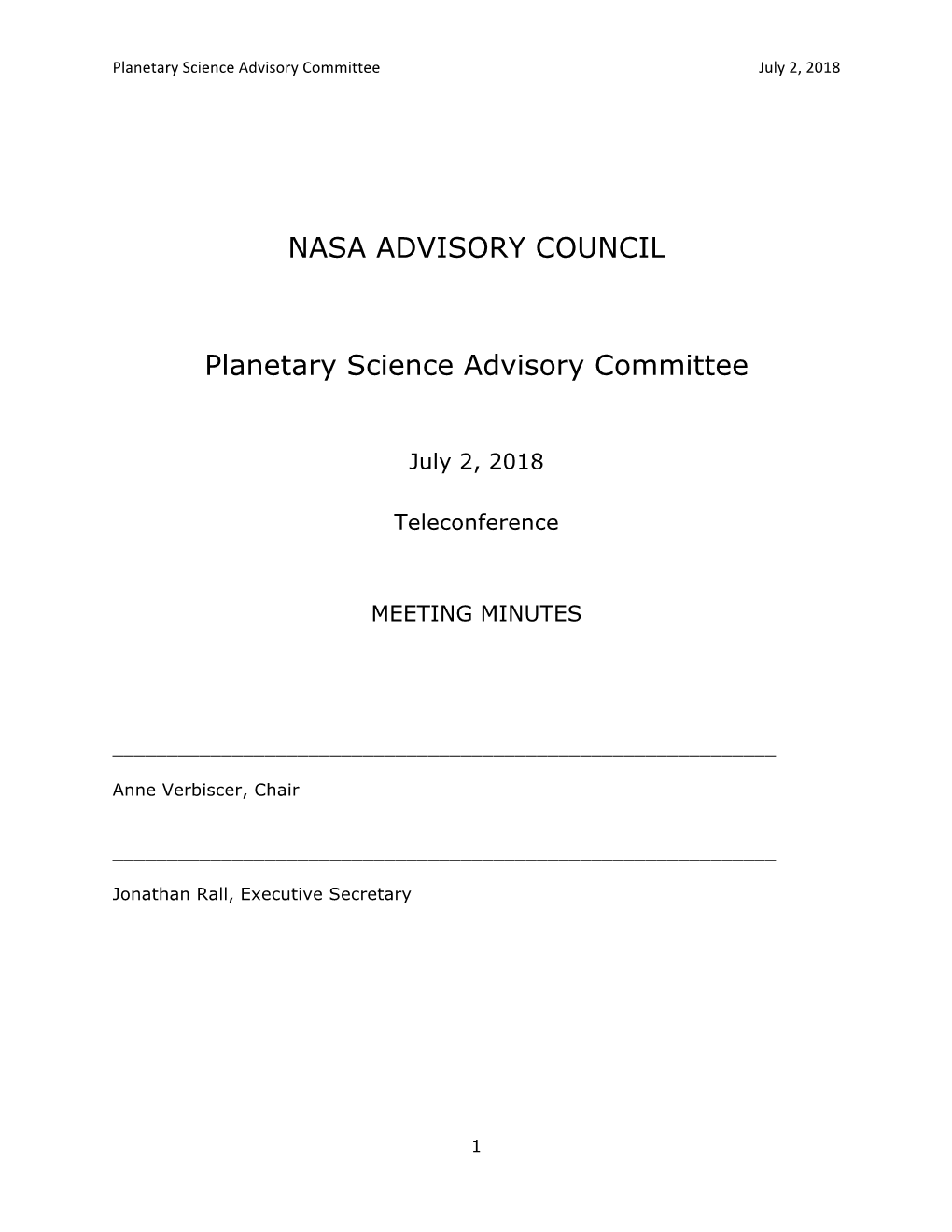 NASA ADVISORY COUNCIL Planetary Science Advisory Committee