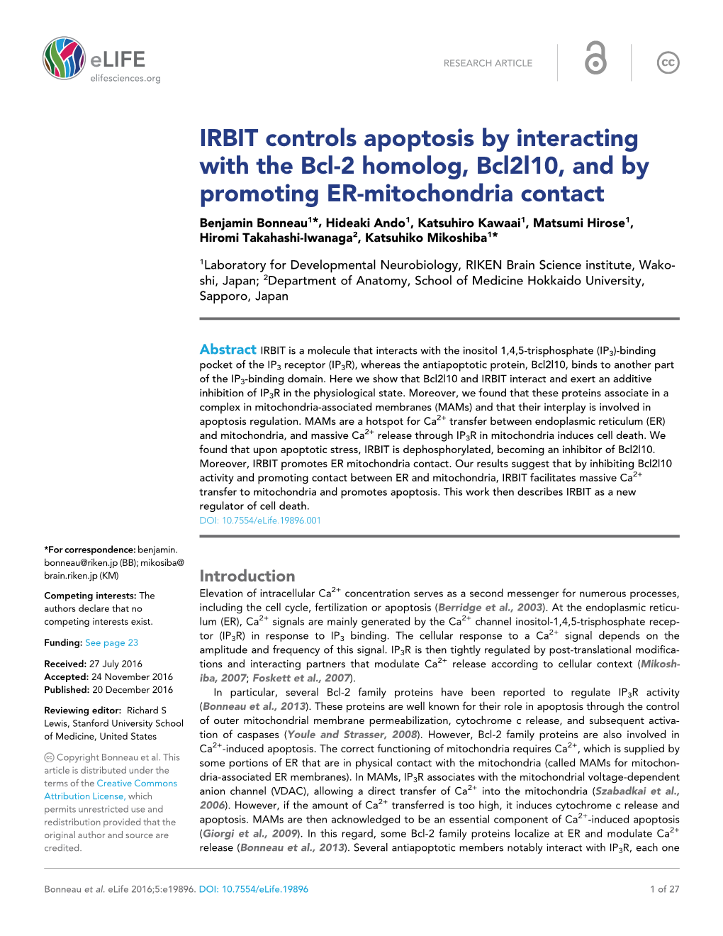 IRBIT Controls Apoptosis by Interacting with the Bcl-2 Homolog, Bcl2l10