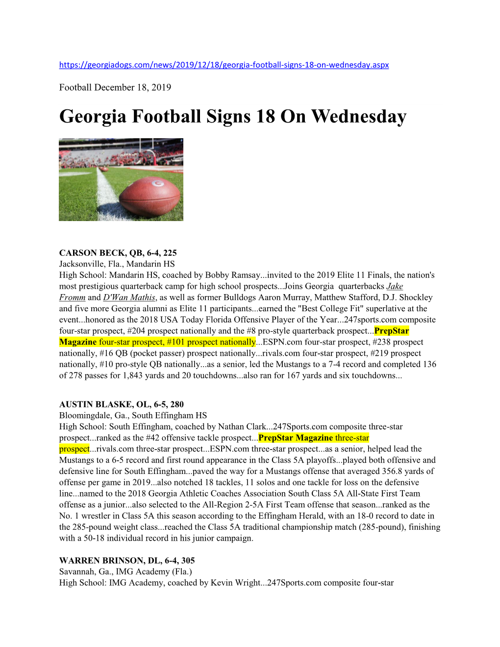 Georgia Football Signs 18 on Wednesday