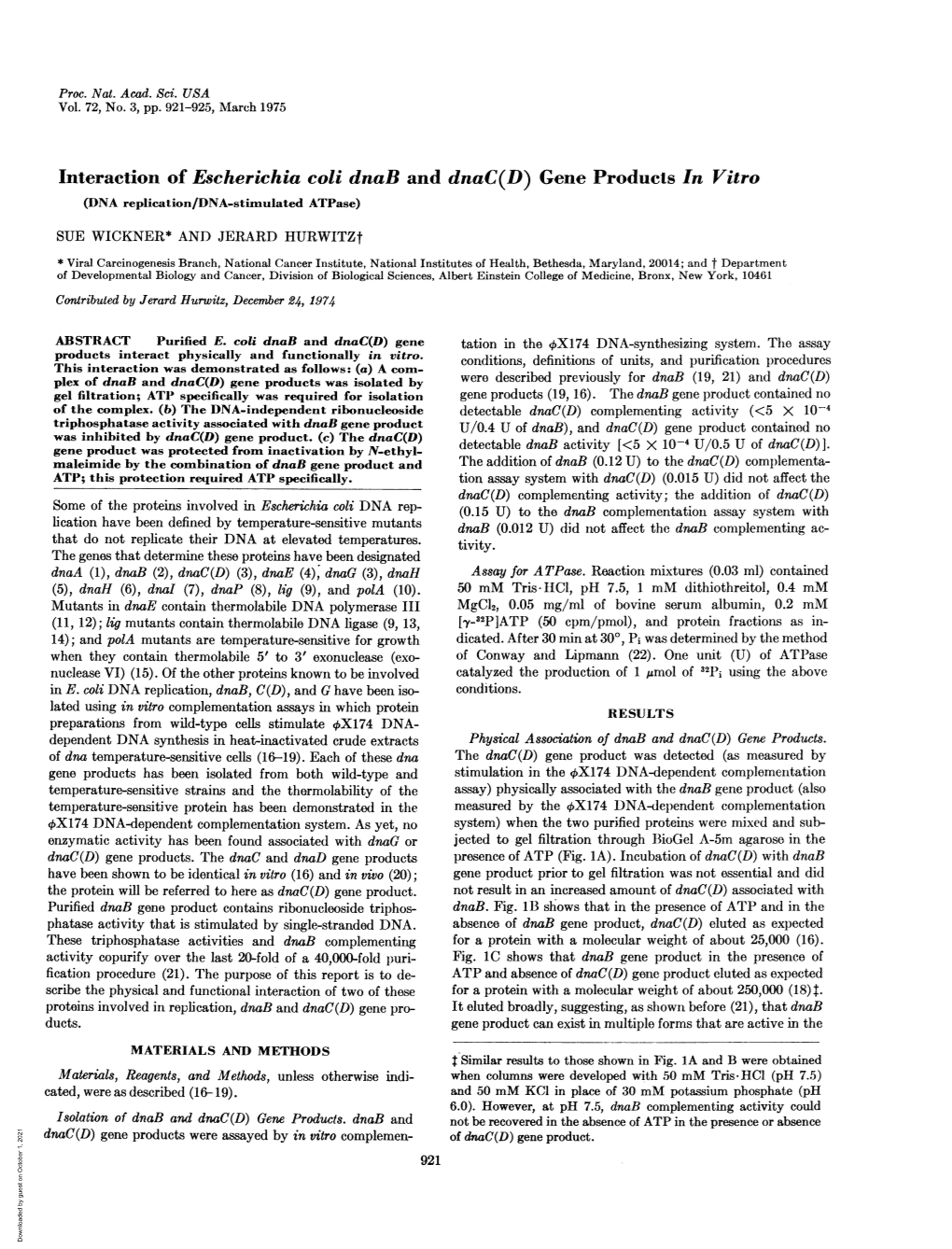 Interaction of Escherichia Coli Dnab and Dnac(D) Gene Products in Vitro