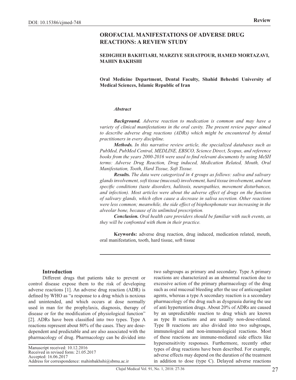 Orofacial Manifestations of Adverse Drug Reactions: a Review Study