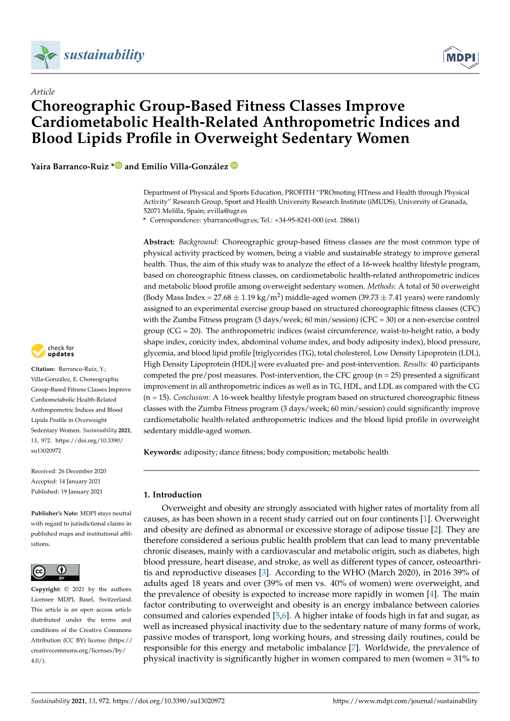 Choreographic Group-Based Fitness Classes Improve Cardiometabolic Health-Related Anthropometric Indices and Blood Lipids Profile