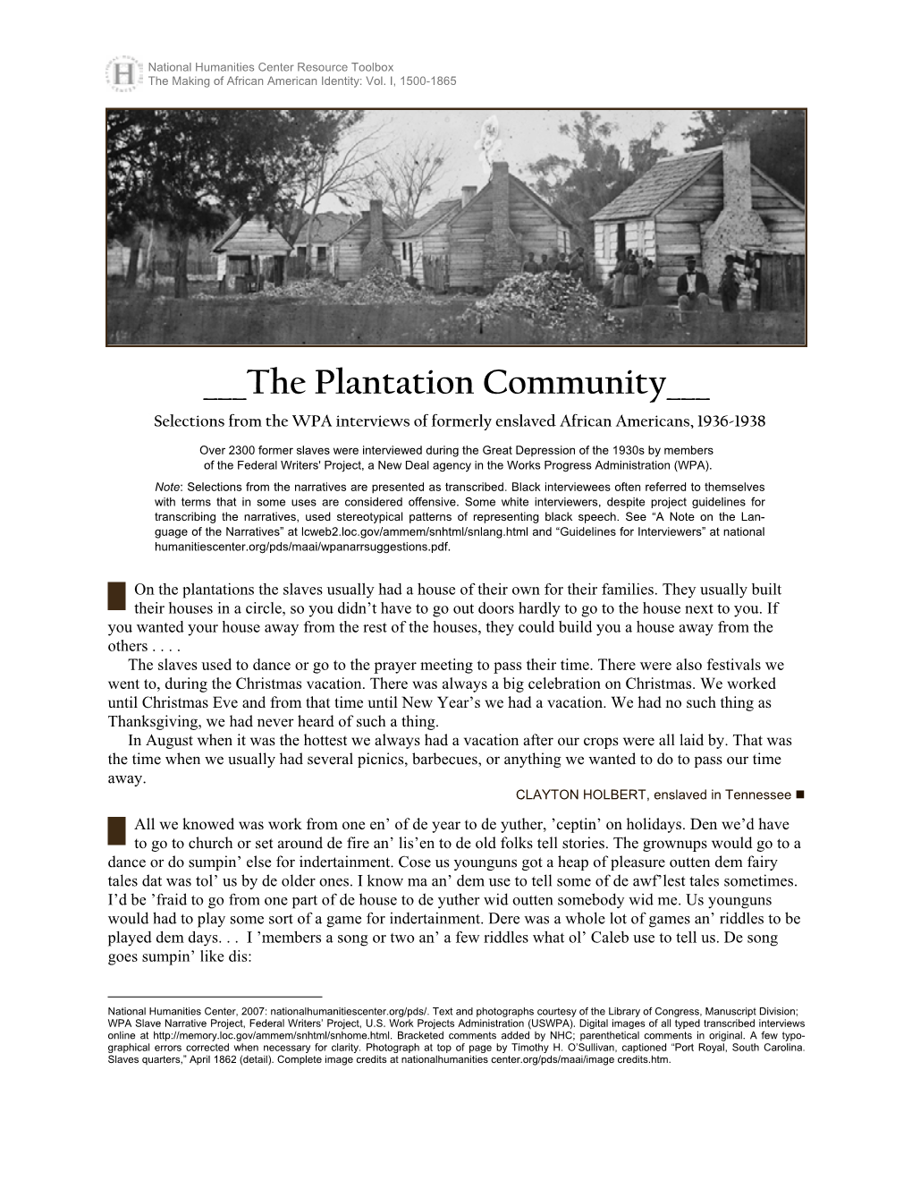The Plantation Community, Selections from WPA Narratives, 1936-1938