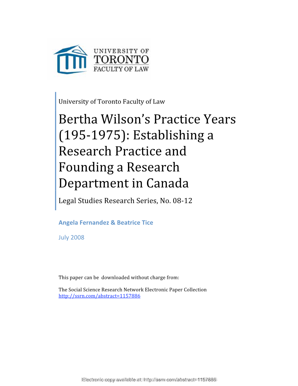 Bertha Wilson's Practice Years
