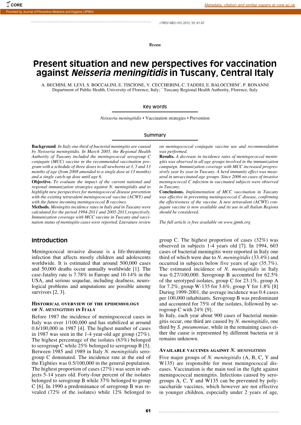 Present Situation and New Perspectives for Vaccination Against Neisseria Meningitidis in Tuscany, Central Italy