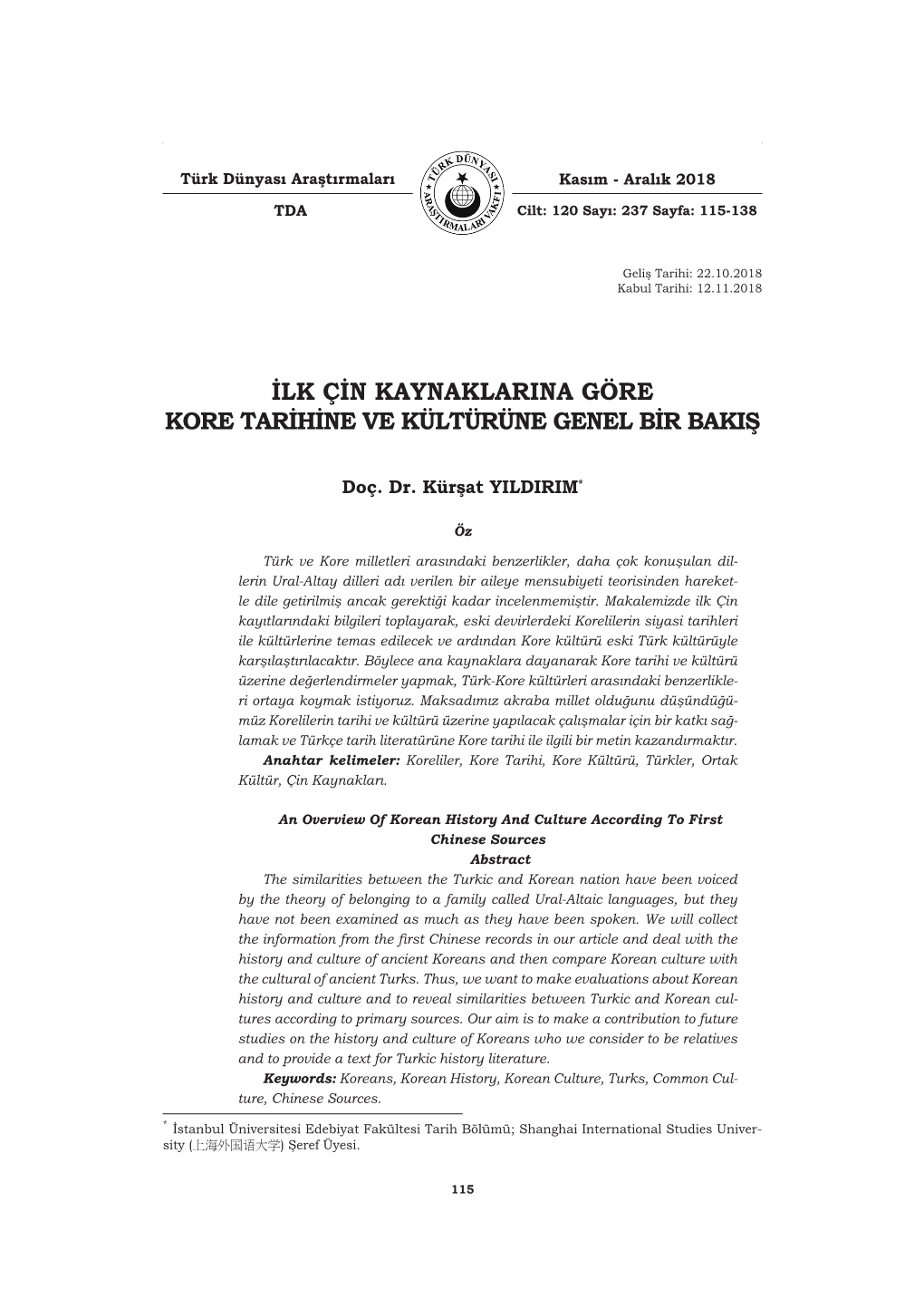 Ilk Çin Kaynaklarina Göre Kore Tarihine Ve Kültürüne Genel Bir Bakiş