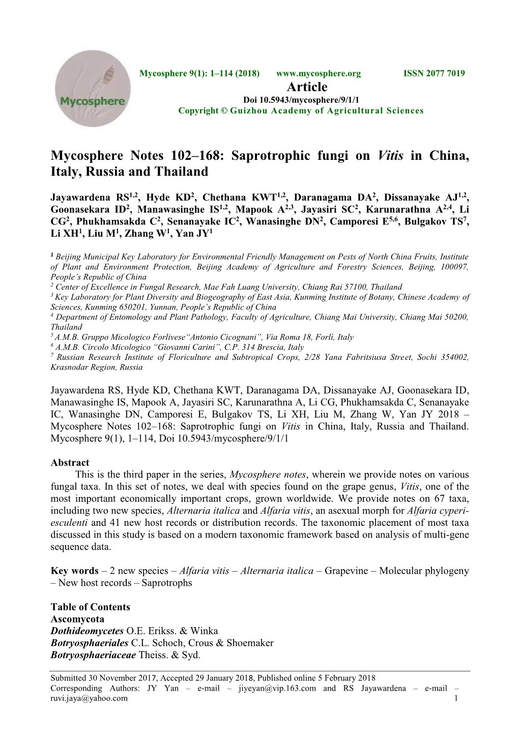 Mycosphere Notes 102–168: Saprotrophic Fungi on Vitis in China, Italy, Russia and Thailand