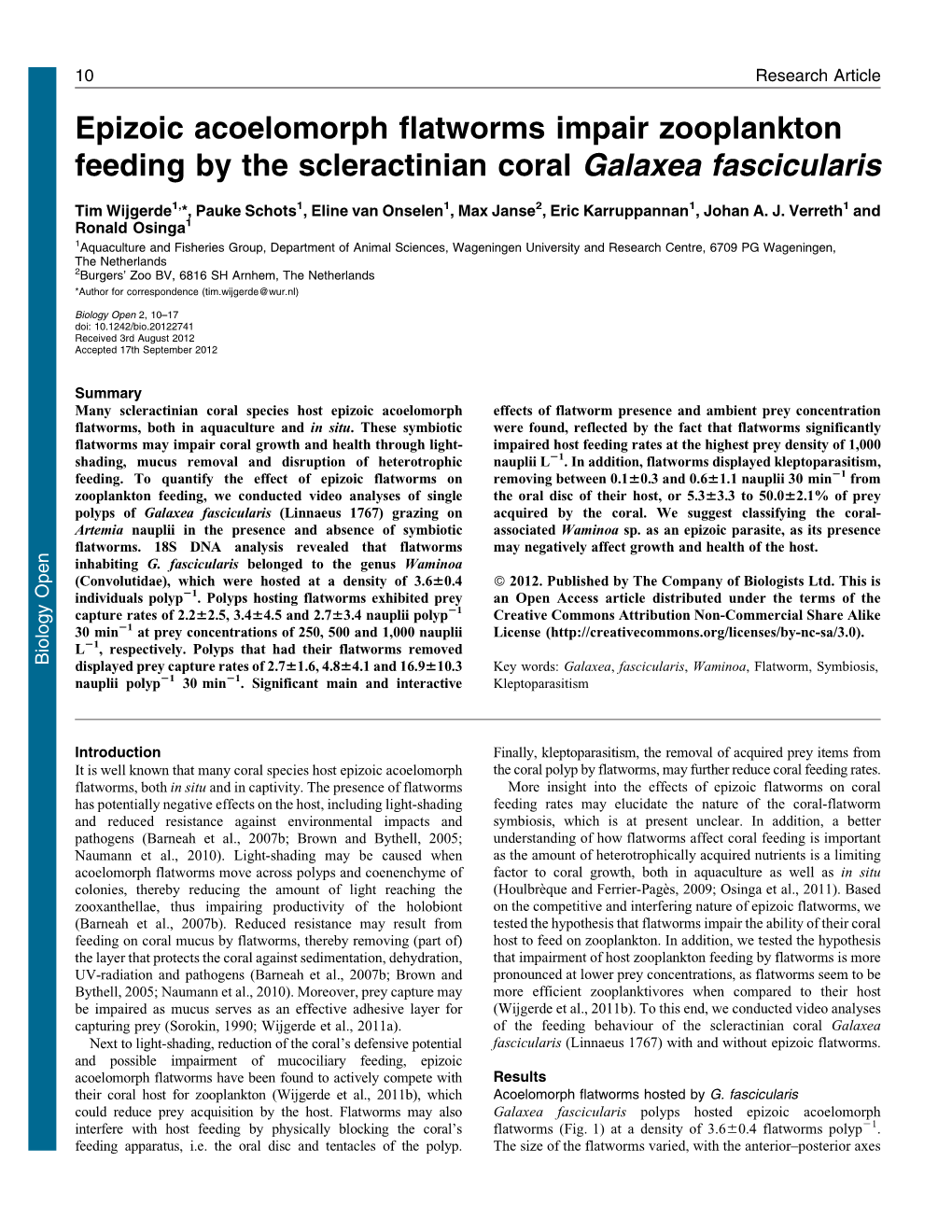 Epizoic Acoelomorph Flatworms Impair Zooplankton Feeding by the Scleractinian Coral Galaxea Fascicularis
