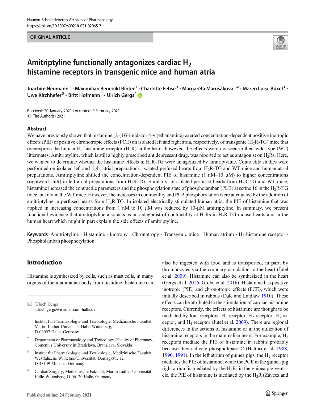 Amitriptyline Functionally Antagonizes Cardiac H2 Histamine Receptors in Transgenic Mice and Human Atria