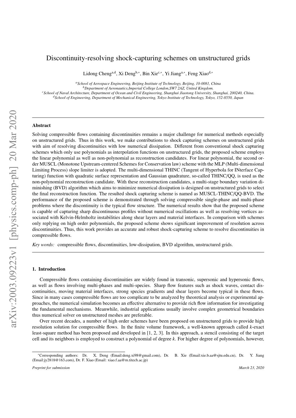 Arxiv:2003.09223V1 [Physics.Comp-Ph] 20 Mar 2020 Resolution Solution for Compressible ﬂows