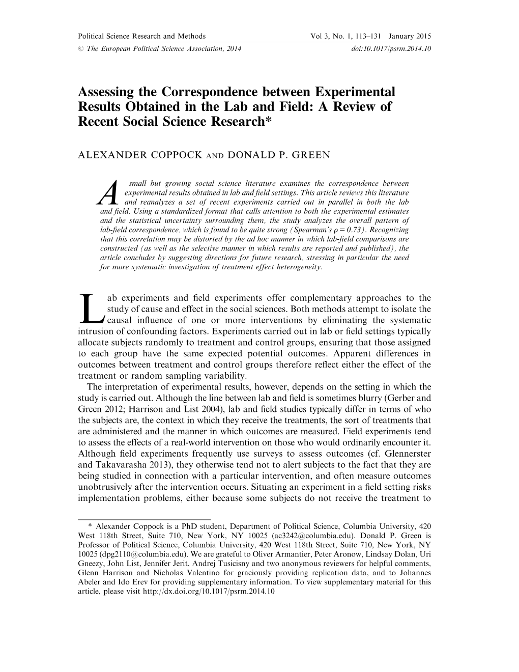 Assessing the Correspondence Between Experimental Results Obtained in the Lab and Field: a Review of Recent Social Science Research*