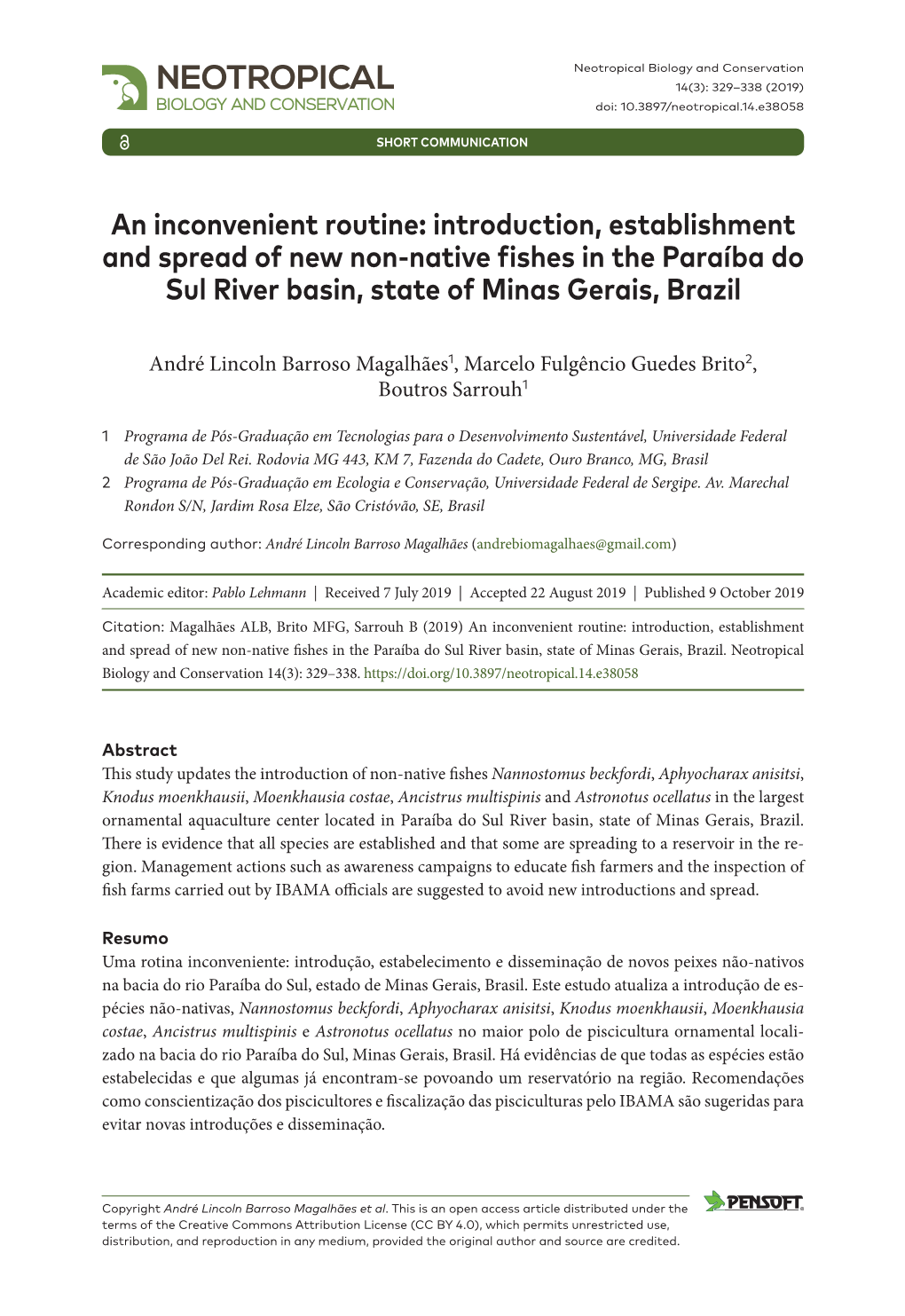 Introduction, Establishment and Spread of New Non-Native Fishes in the Paraíba Do Sul River Basin, State of Minas Gerais, Brazil