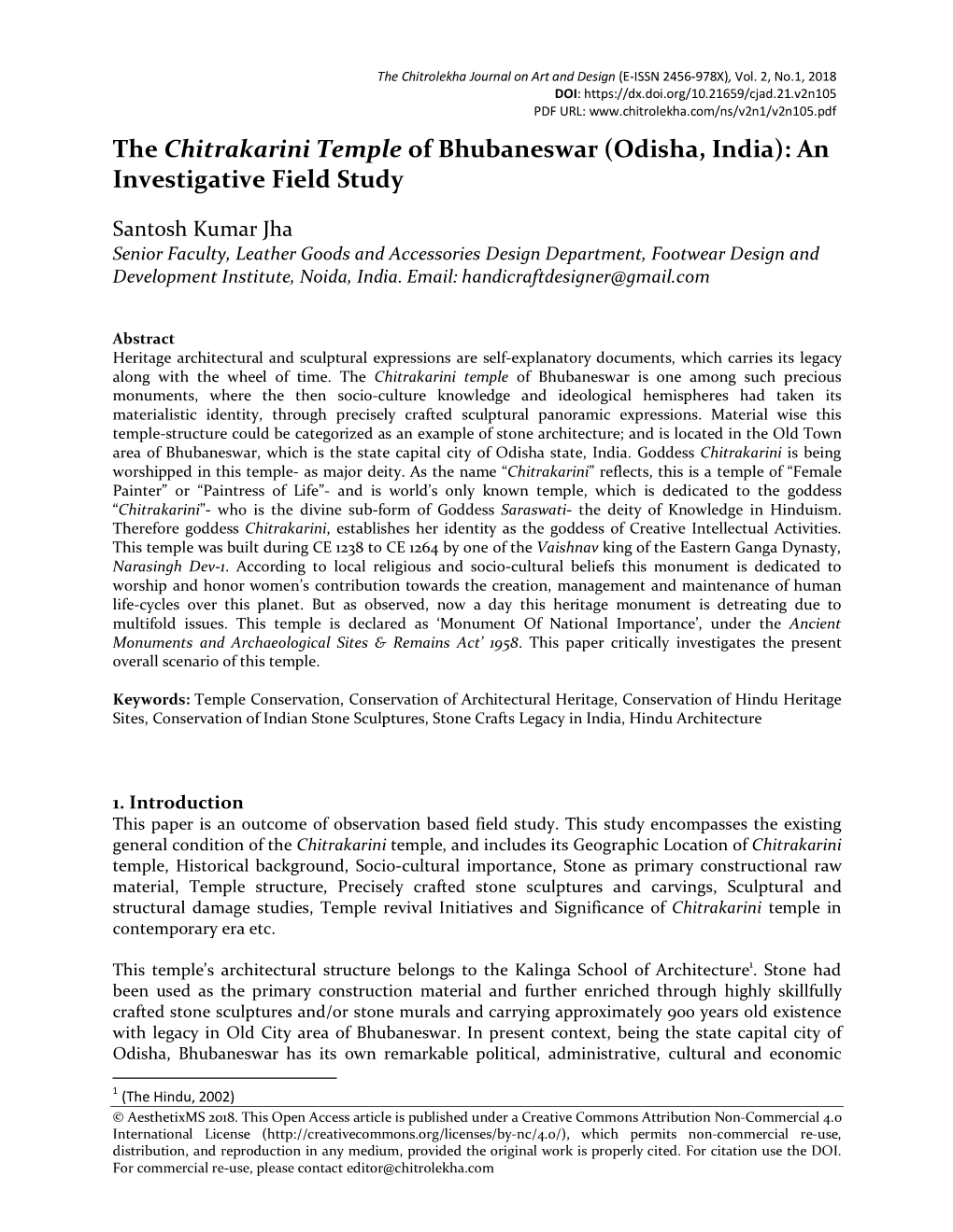 The Chitrakarini Temple of Bhubaneswar (Odisha, India): an Investigative Field Study