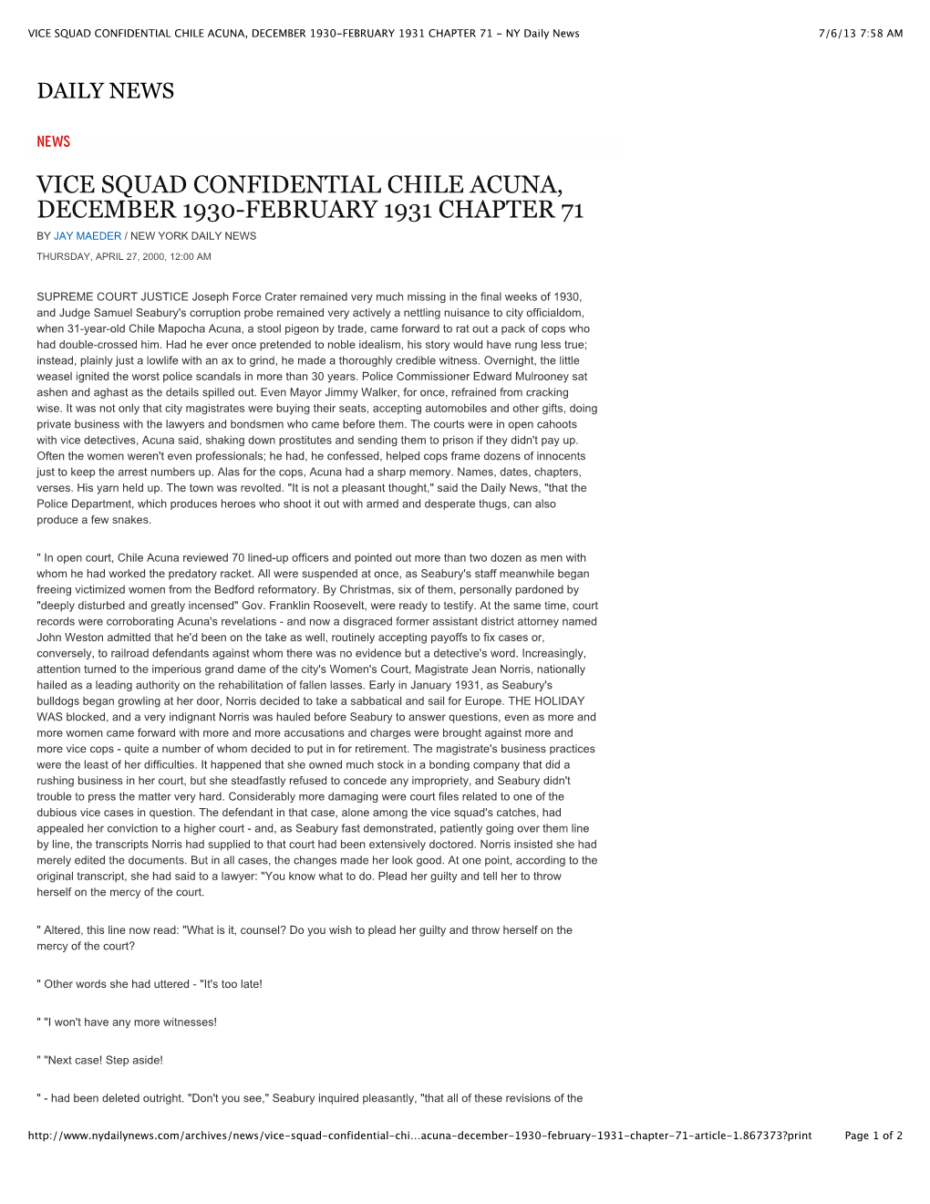 VICE SQUAD CONFIDENTIAL CHILE ACUNA, DECEMBER 1930-FEBRUARY 1931 CHAPTER 71 - NY Daily News 7/6/13 7:58 AM