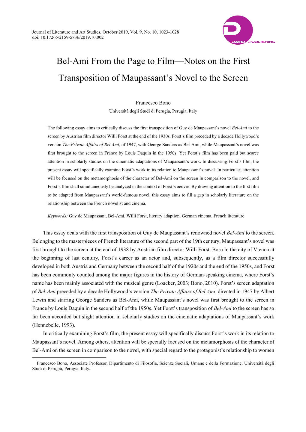 Bel-Ami from the Page to Film—Notes on the First Transposition of Maupassant’S Novel to the Screen