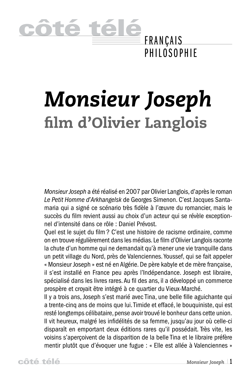 Monsieur Joseph ﬁlm D’Olivier Langlois