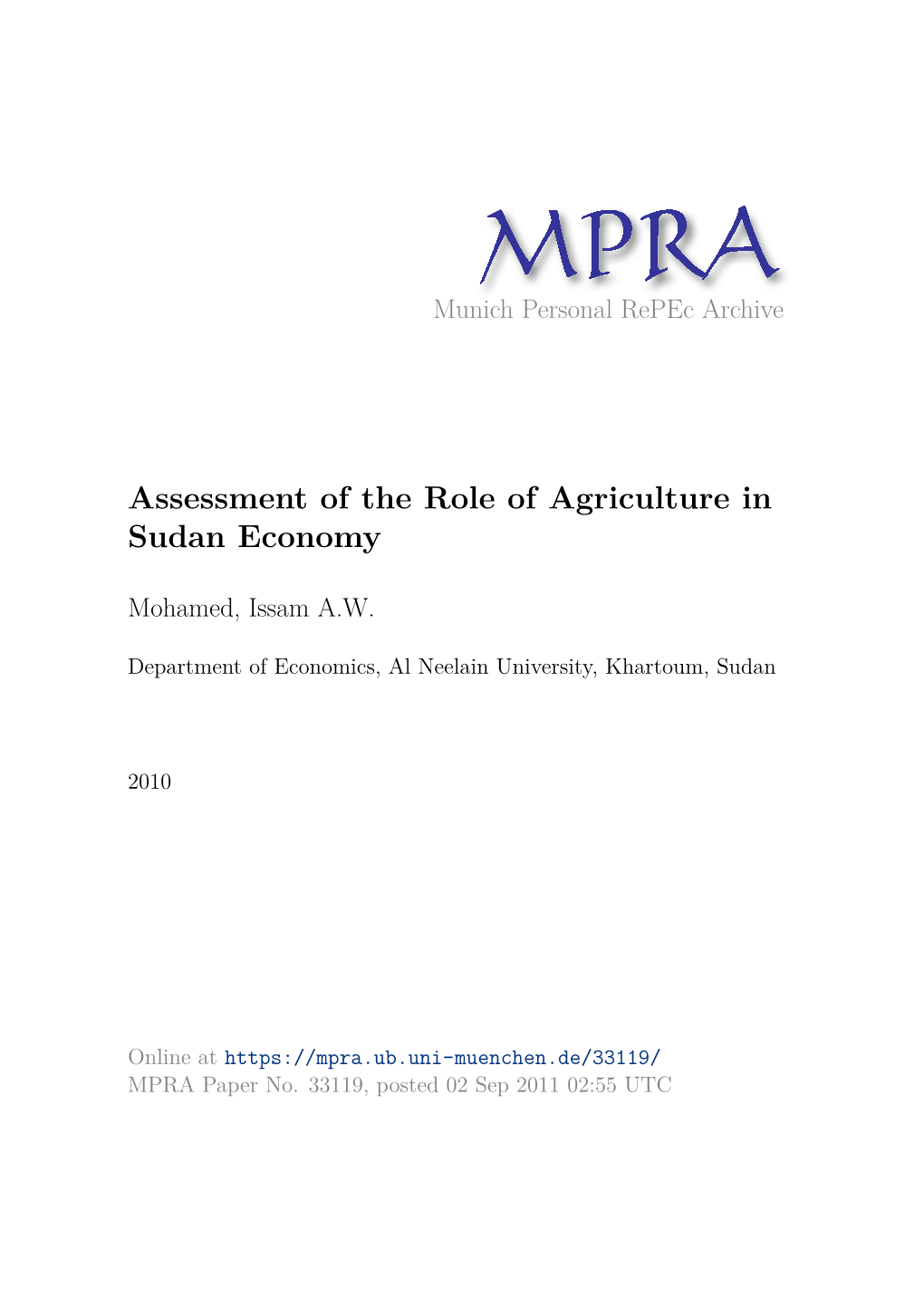 Assessment of the Role of Agriculture in Sudan Economy