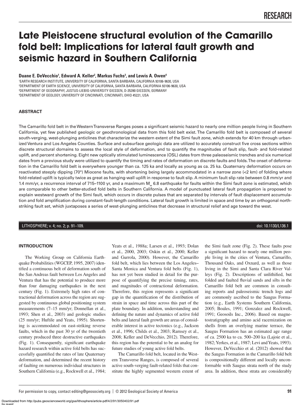 Late Pleistocene Structural Evolution of the Camarillo Fold Belt: Implications for Lateral Fault Growth and Seismic Hazard in Southern California