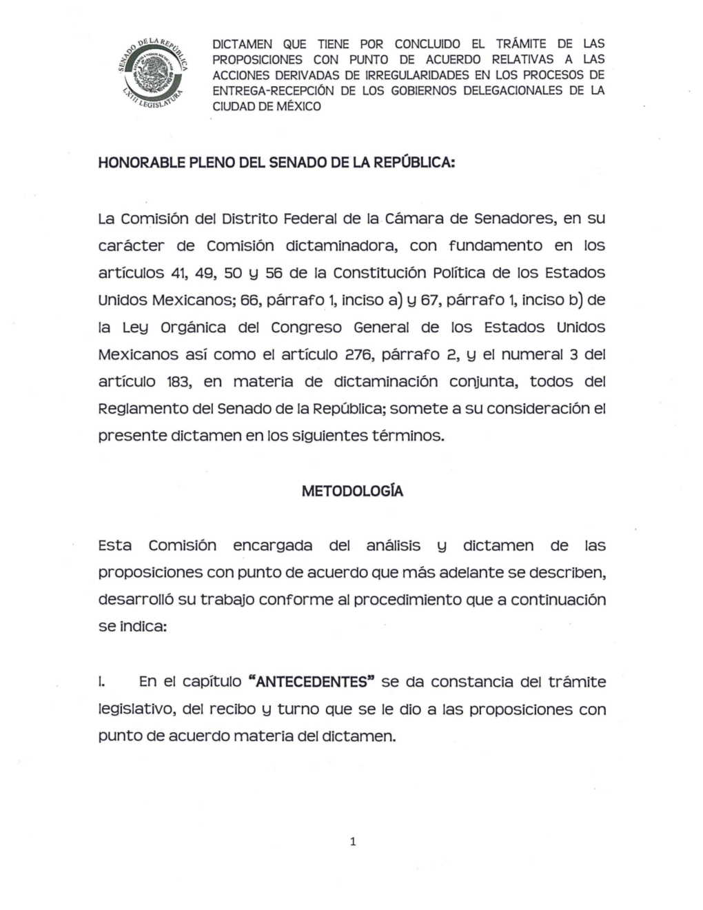 La Comisión Del Distrito Federal De La. Cámara De Senadores, En Su