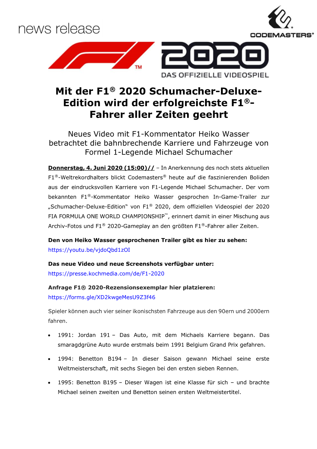 Mit Der F1® 2020 Schumacher-Deluxe- Edition Wird Der Erfolgreichste F1®- Fahrer Aller Zeiten Geehrt