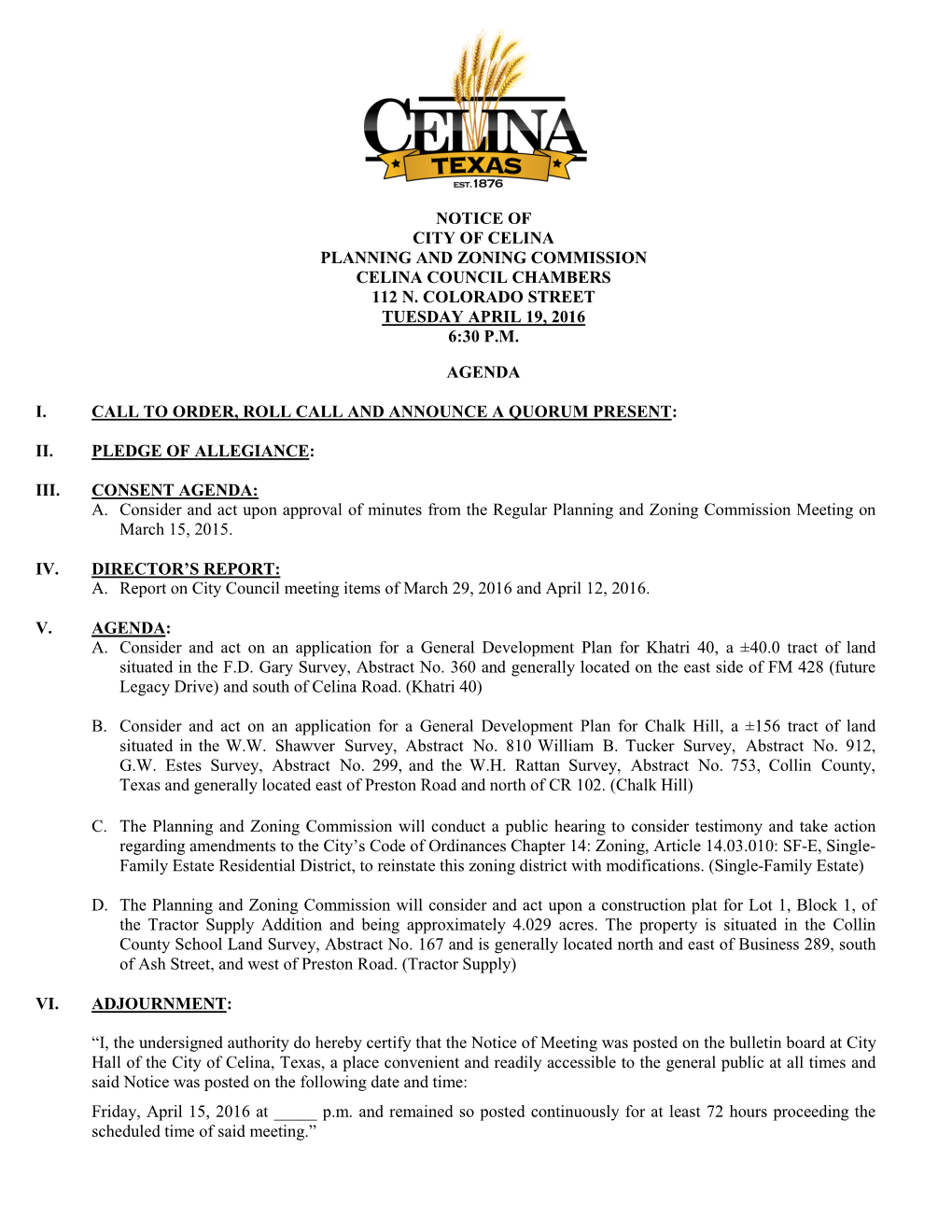 Notice of City of Celina Planning and Zoning Commission Celina Council Chambers 112 N