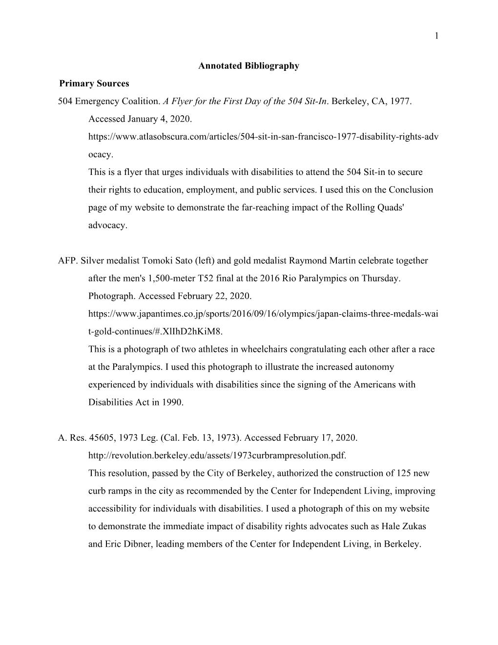 1 Annotated Bibliography Primary Sources 504 Emergency Coalition