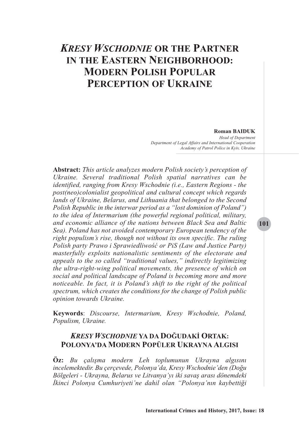 Kresy Wschodnie Or the Partner in the Eastern Neighborhood: Modern Polish Popular Perception of Ukraine