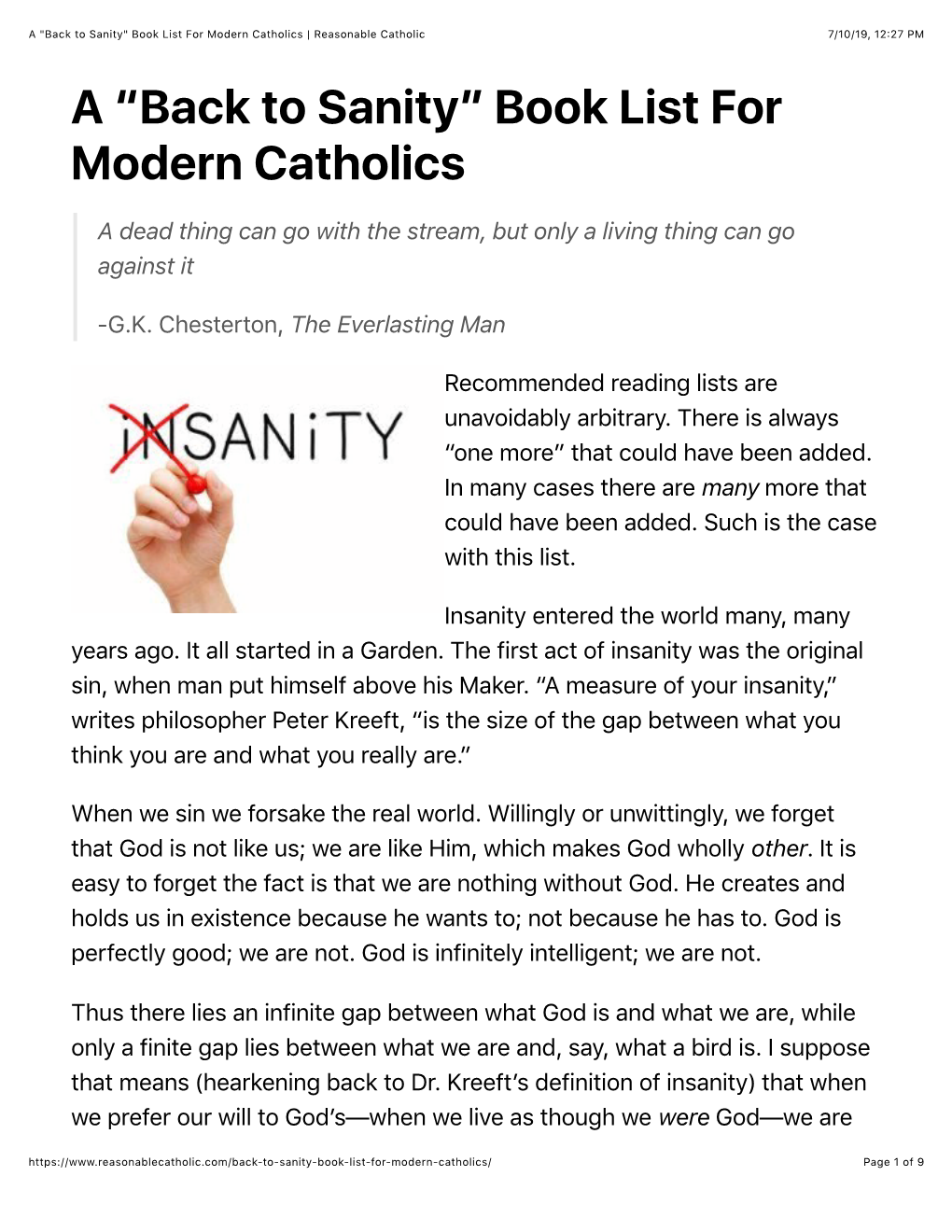 Sanity" Book List for Modern Catholics | Reasonable Catholic 7/10/19, 12�27 PM a “Back to Sanity” Book List for Modern Catholics
