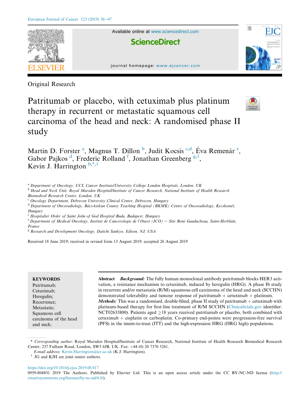 Patritumab Or Placebo, with Cetuximab Plus Platinum Therapy in Recurrent Or Metastatic Squamous Cell Carcinoma of the Head and Neck: a Randomised Phase II Study