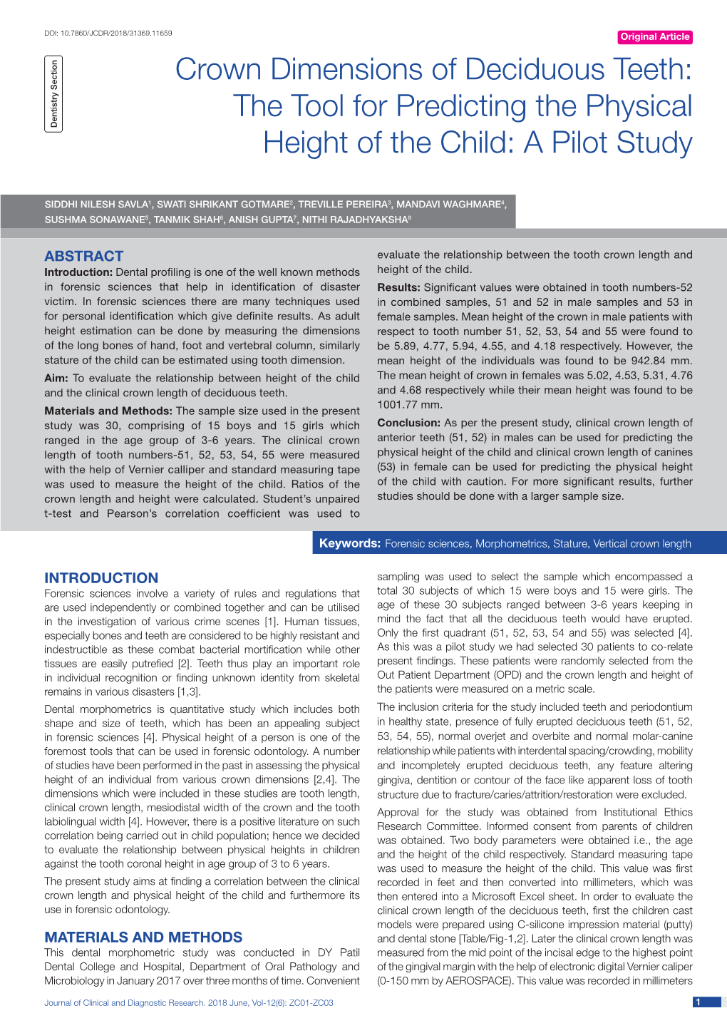 Crown Dimensions of Deciduous Teeth: Case Series the Tool for Predicting the Physical Dentistry Section Height of the Child: a Pilot Study Short Communication