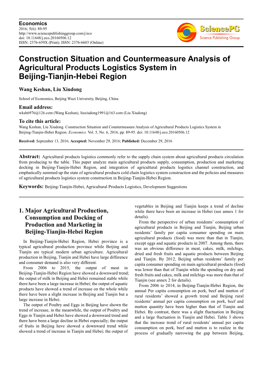 Construction Situation and Countermeasure Analysis of Agricultural Products Logistics System in Beijing-Tianjin-Hebei Region