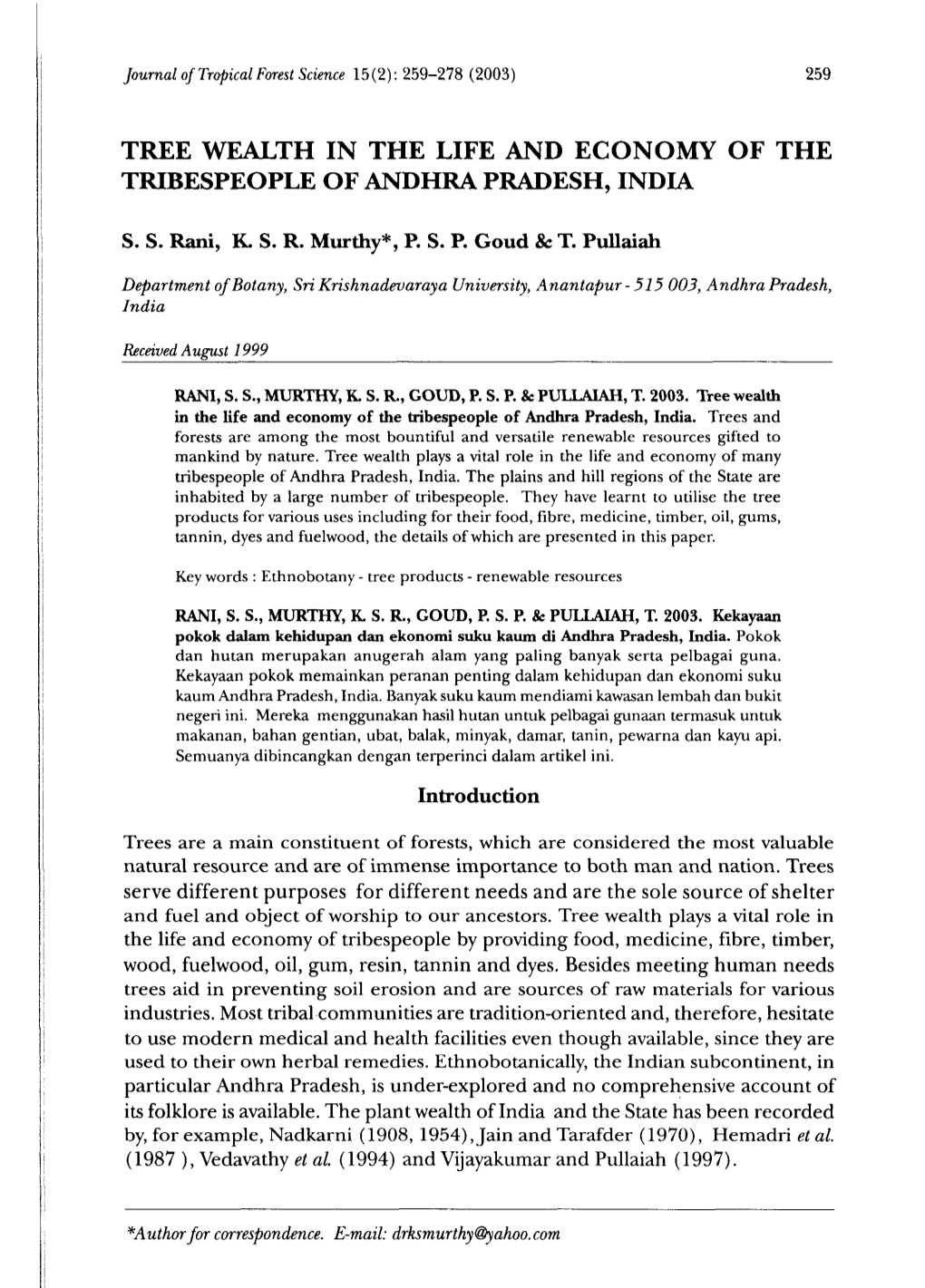 Tree Wealth in the Life and Economy of the Tribespeopl Andhrf Eo a Pradesh, India