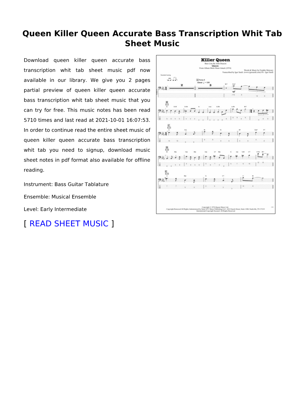 Queen Killer Queen Accurate Bass Transcription Whit Tab Sheet Music