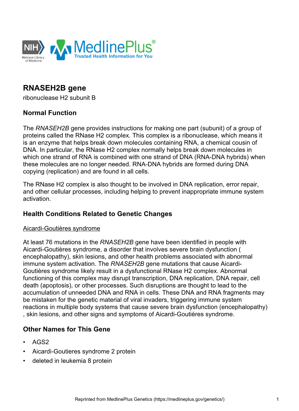 RNASEH2B Gene Ribonuclease H2 Subunit B